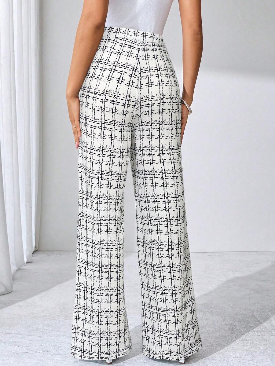 SHEIN Clasi Summer Elegant Women's Plaid Printed Elastic Knitted Pants, Suitable For Various Occasions, Suitable For Summer Vacation, Elegant Travel, And Daily Commuting Business Casual Woman