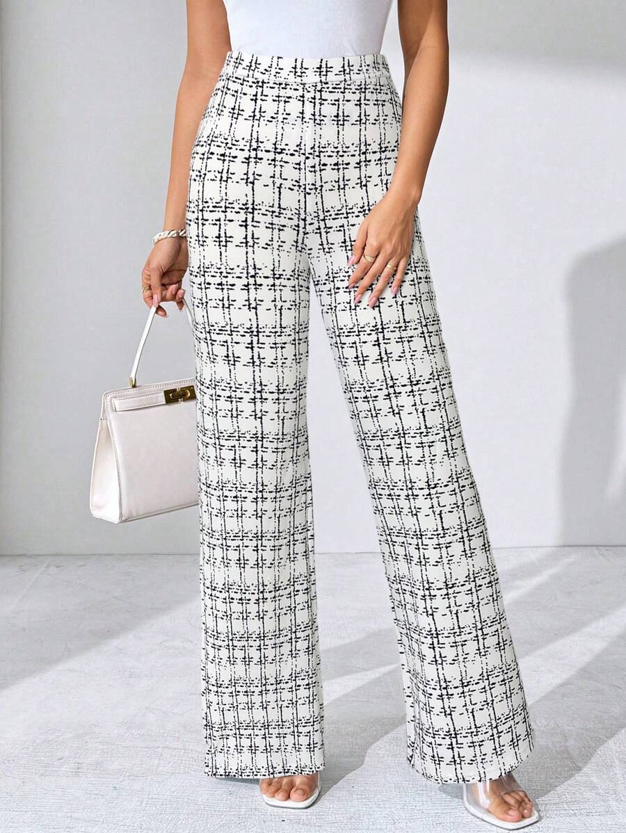 SHEIN Clasi Summer Elegant Women's Plaid Printed Elastic Knitted Pants, Suitable For Various Occasions, Suitable For Summer Vacation, Elegant Travel, And Daily Commuting Business Casual Woman