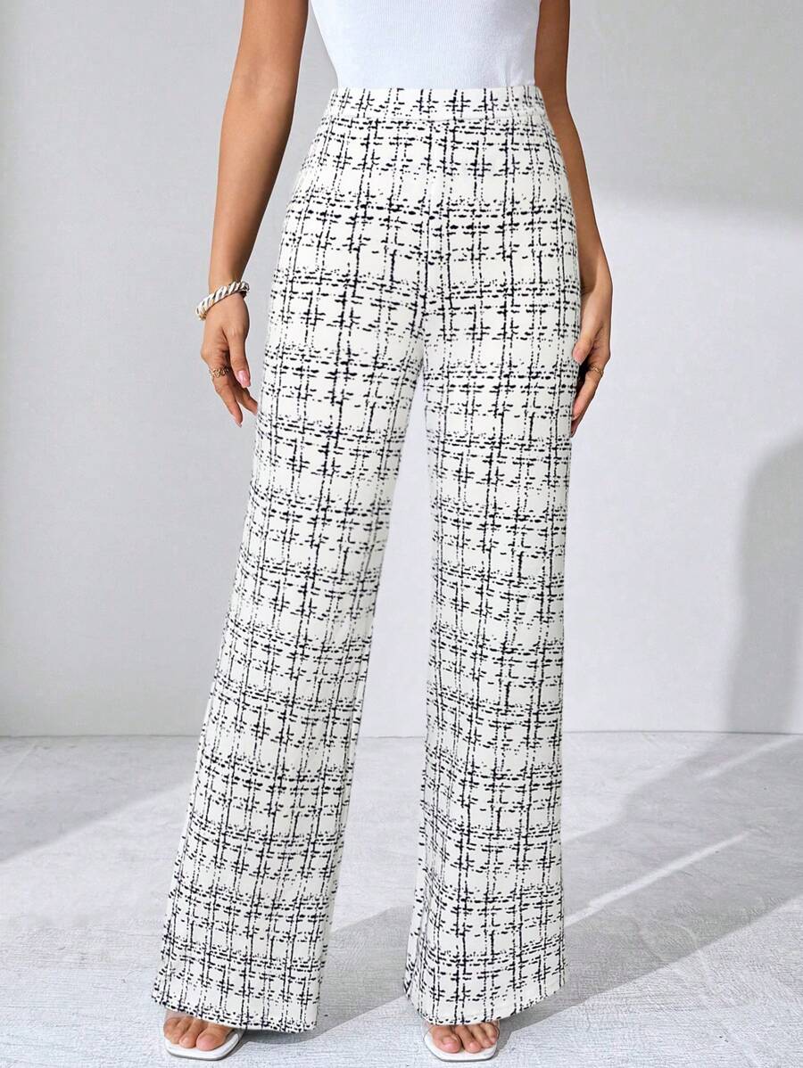 SHEIN Clasi Summer Elegant Women's Plaid Printed Elastic Knitted Pants, Suitable For Various Occasions, Suitable For Summer Vacation, Elegant Travel, And Daily Commuting Business Casual Woman