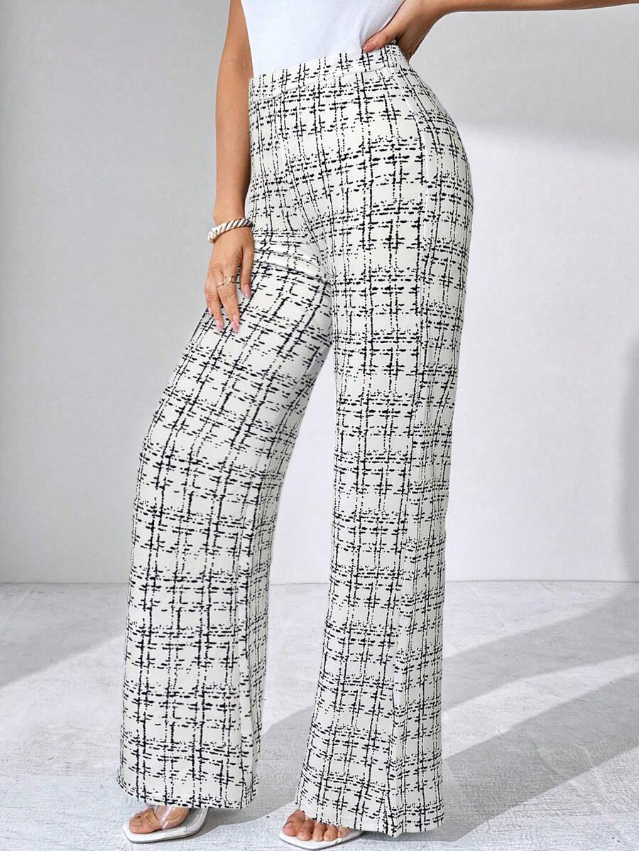 SHEIN Clasi Summer Elegant Women's Plaid Printed Elastic Knitted Pants, Suitable For Various Occasions, Suitable For Summer Vacation, Elegant Travel, And Daily Commuting Business Casual Woman