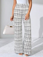 SHEIN Clasi Summer Elegant Women's Plaid Printed Elastic Knitted Pants, Suitable For Various Occasions, Suitable For Summer Vacation, Elegant Travel, And Daily Commuting Business Casual Woman