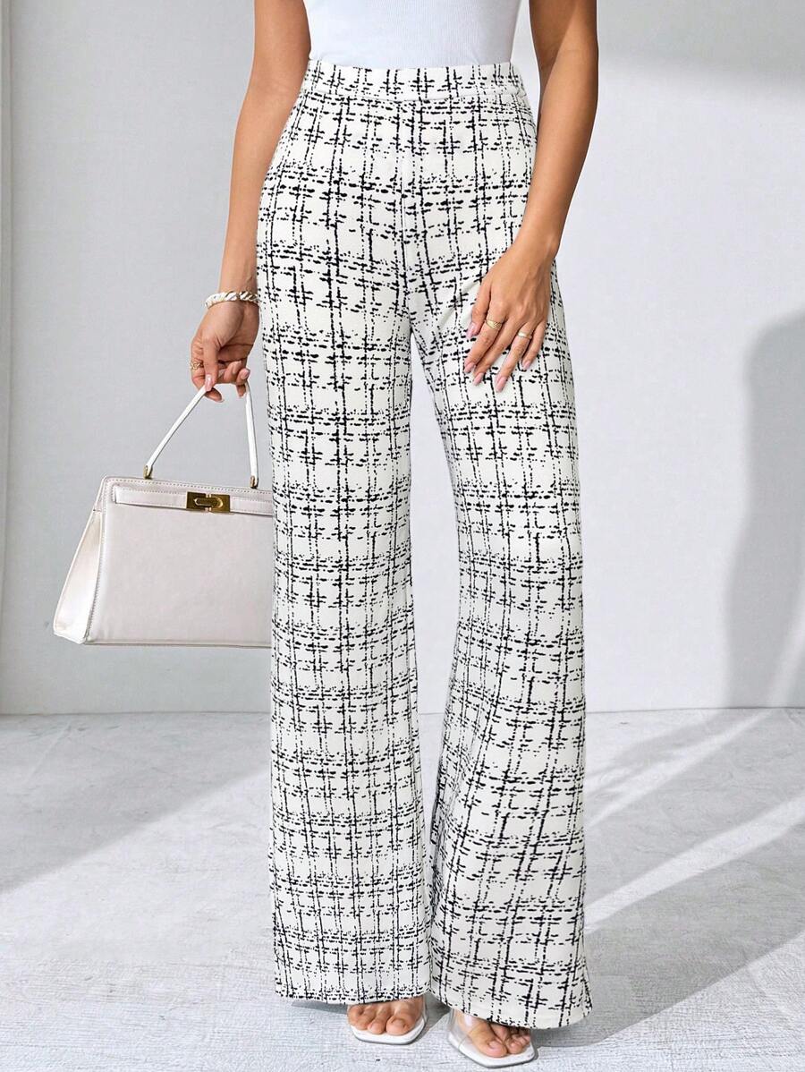 SHEIN Clasi Summer Elegant Women's Plaid Printed Elastic Knitted Pants, Suitable For Various Occasions, Suitable For Summer Vacation, Elegant Travel, And Daily Commuting Business Casual Woman