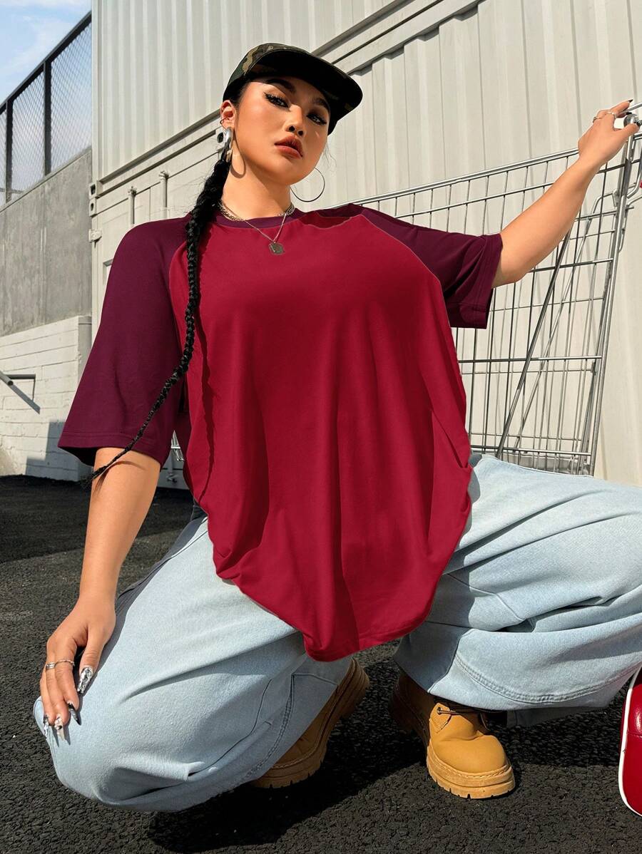 SHEIN EZwear Plus Size Summer Basic Casual Raglan Sleeve Short Sleeve Loose T-Shirt