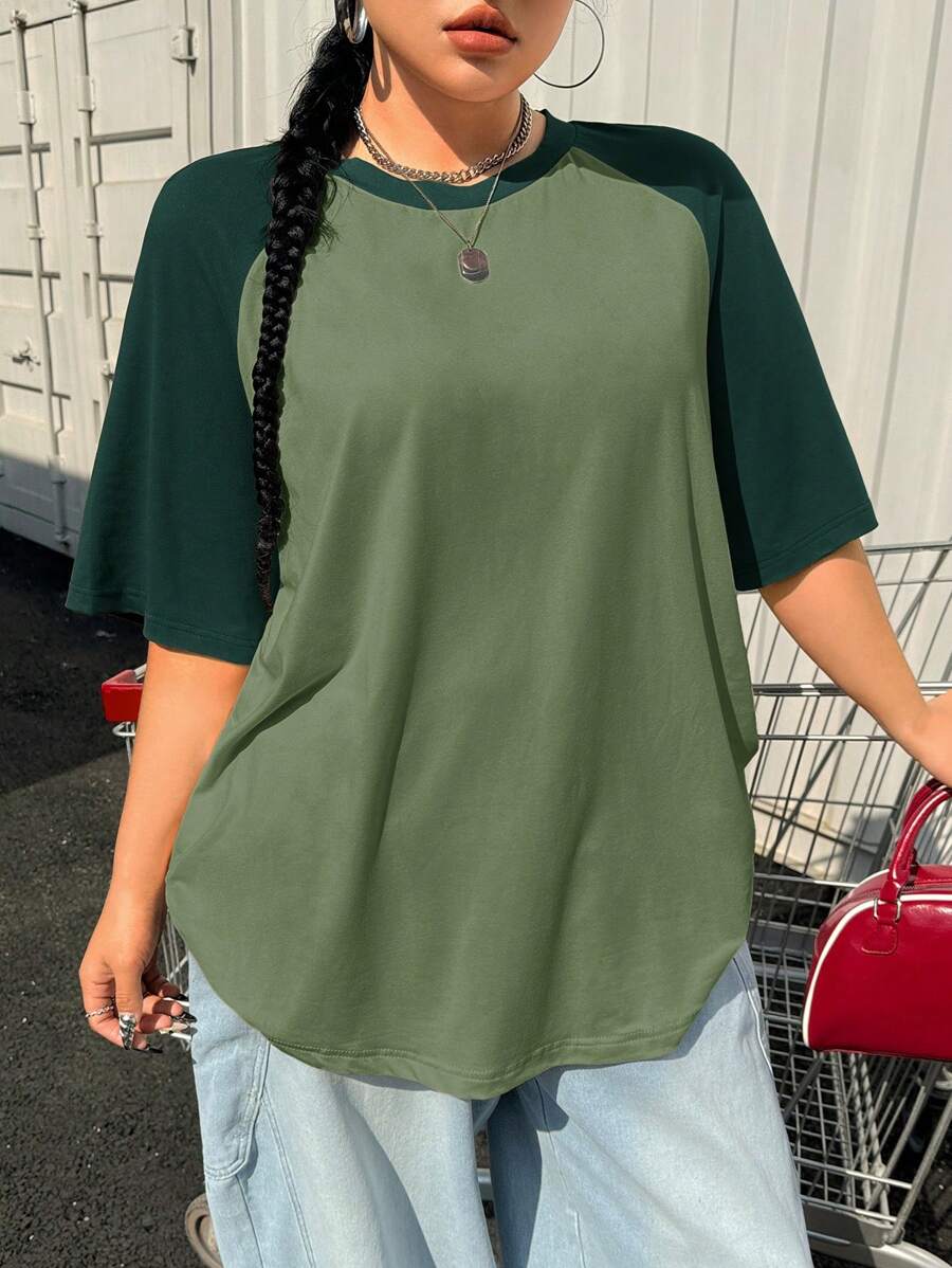 SHEIN EZwear Plus Size Summer Basic Casual Raglan Sleeve Short Sleeve Loose T-Shirt