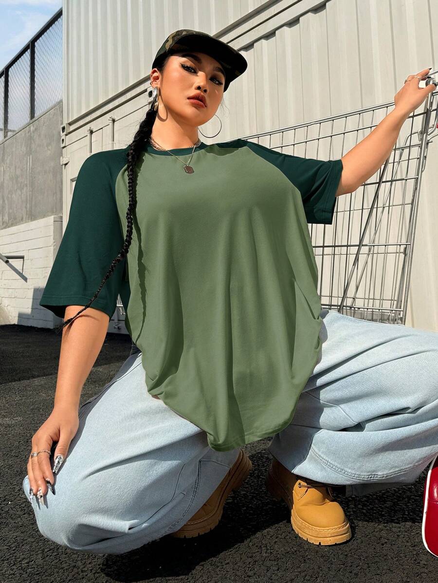 SHEIN EZwear Plus Size Summer Basic Casual Raglan Sleeve Short Sleeve Loose T-Shirt