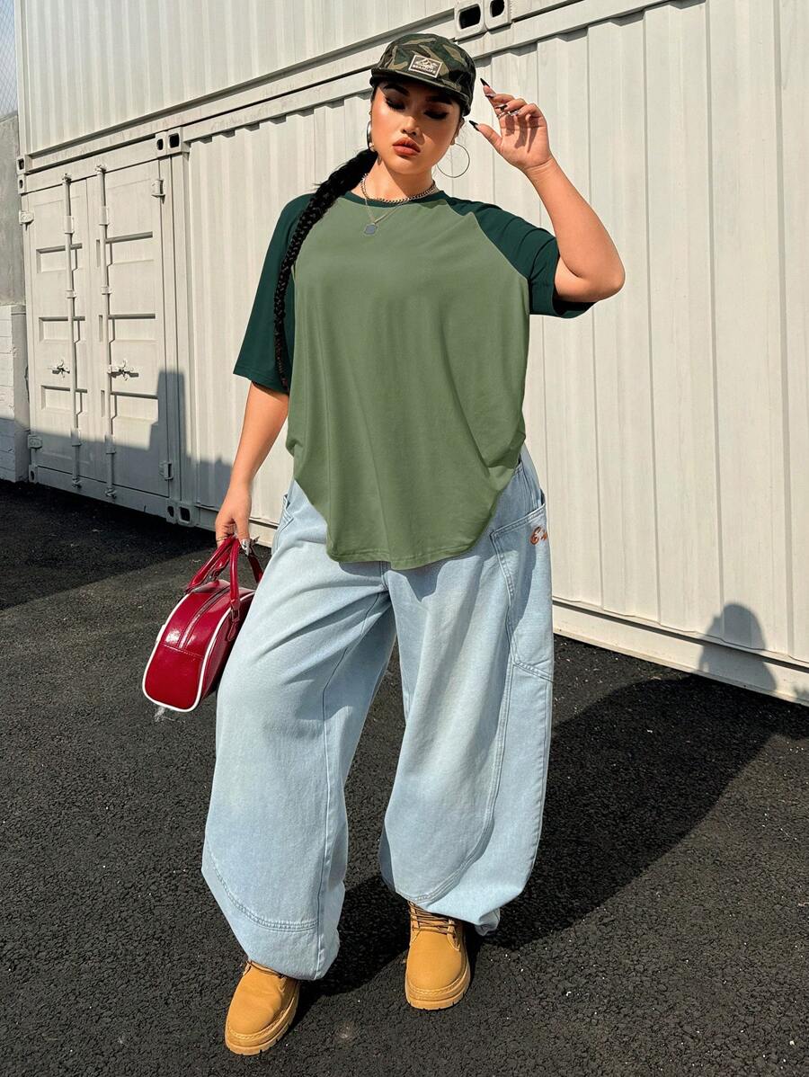 SHEIN EZwear Plus Size Summer Basic Casual Raglan Sleeve Short Sleeve Loose T-Shirt