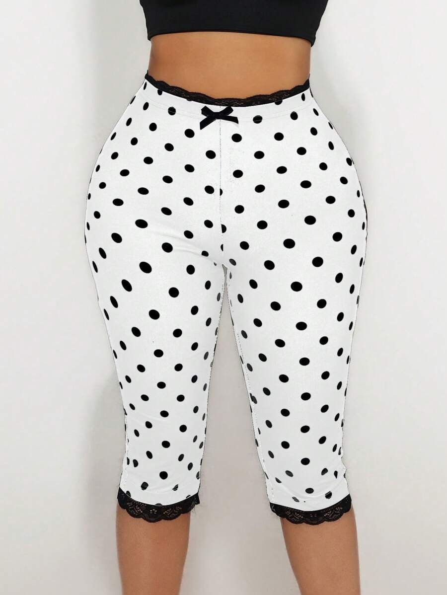 Sirith Women's Lace Trim Bow Polka Dot Print Capri Leggings