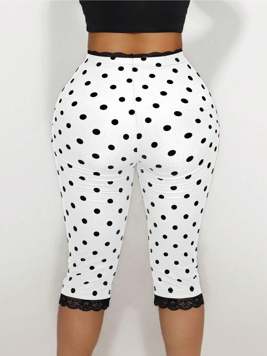 Sirith Women's Lace Trim Bow Polka Dot Print Capri Leggings