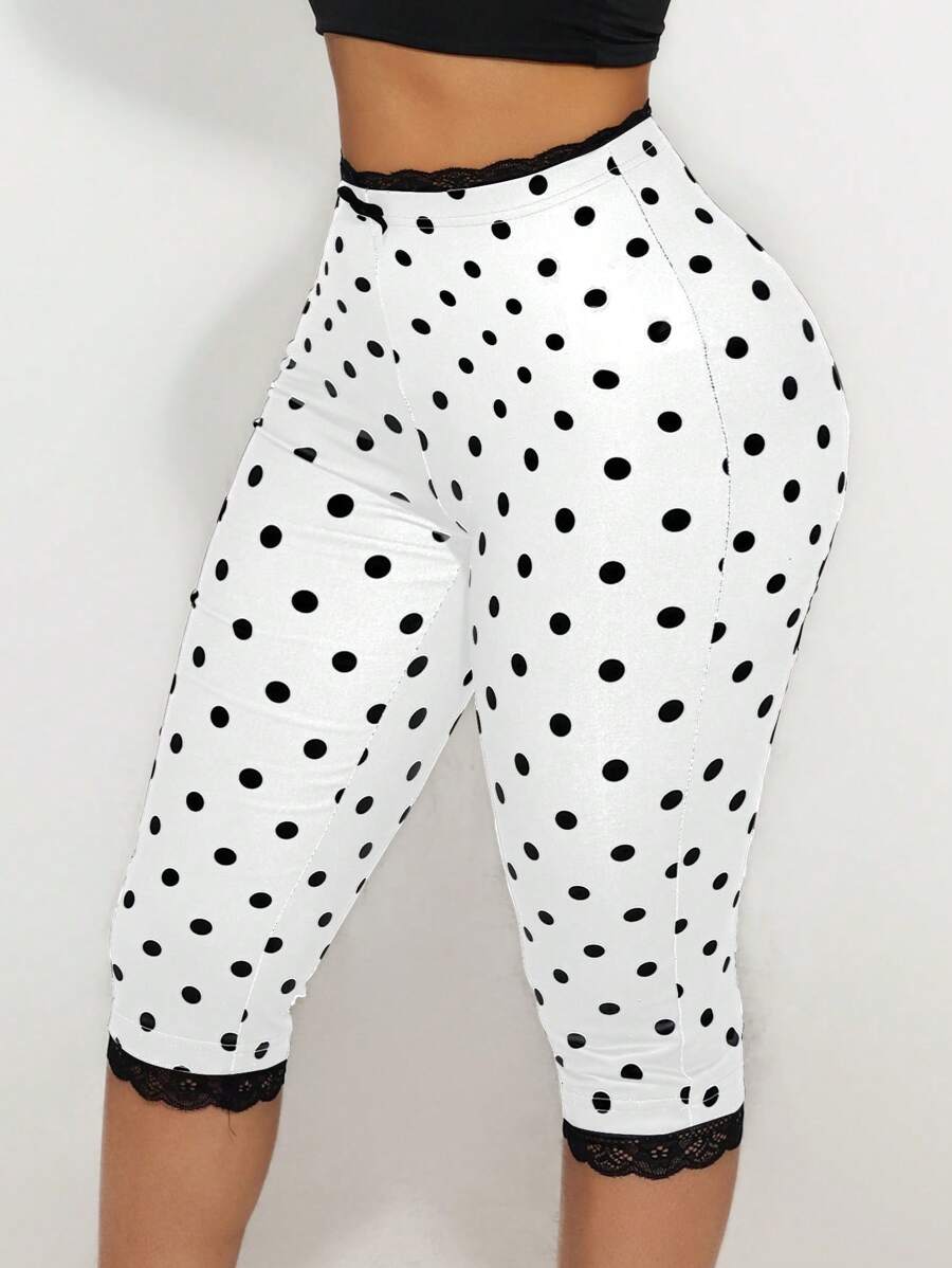 Sirith Women's Lace Trim Bow Polka Dot Print Capri Leggings