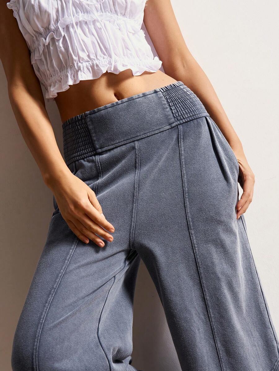 Bohemela Women's Casual Solid Color Knit Loose Wide Leg Washed Pants,Fall Women Clothes