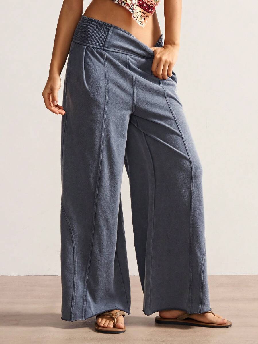 Bohemela Women's Casual Solid Color Knit Loose Wide Leg Washed Pants,Fall Women Clothes