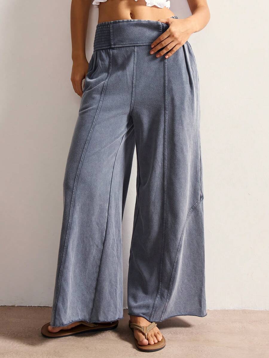 Bohemela Women's Casual Solid Color Knit Loose Wide Leg Washed Pants,Fall Women Clothes