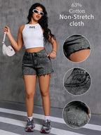 Women's Summer Casual Washed Denim Shorts, Frayed Hem, Pockets, Non-Stretch Woven Fabric, Straight Leg Short Design