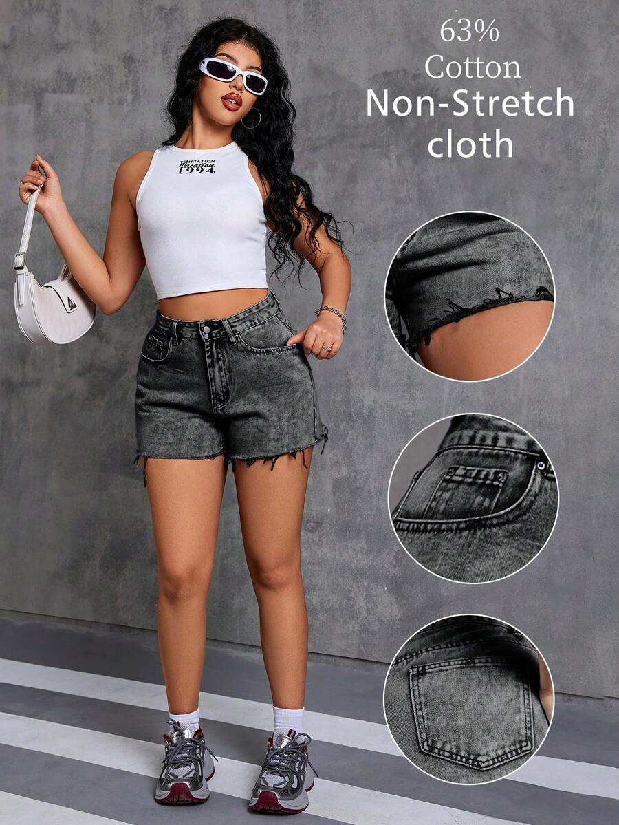Women's Summer Casual Washed Denim Shorts, Frayed Hem, Pockets, Non-Stretch Woven Fabric, Straight Leg Short Design
