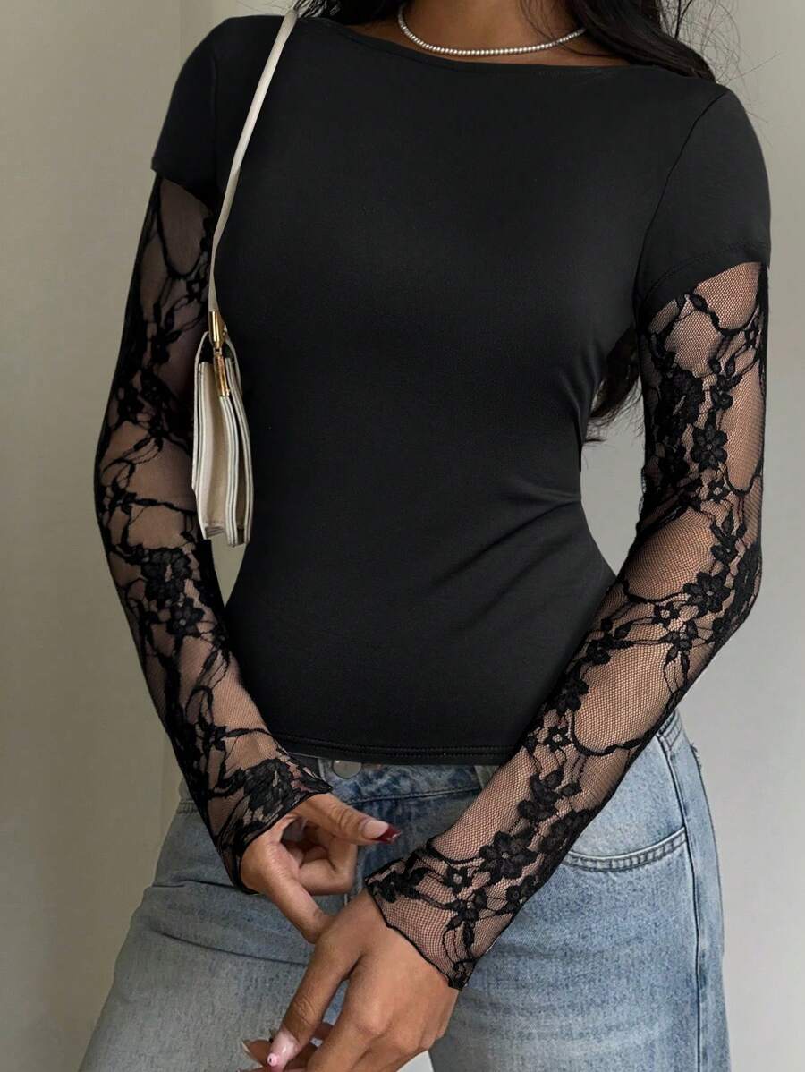 CovetEZ 95% Cotton Women's Black Lace Patchwork Long Sleeve Knitted Top – Bohemian Casual Summer Western Festival Island Girl Vintage Seaside Vacation Romantic Vacay Vibes Spring Break Cute Home Soft Girl Clean Girl Vacation Beach Cruise Boho Music Festival Concert Wedding Guest City Trip Holiday Wear Elegant Spring Summer