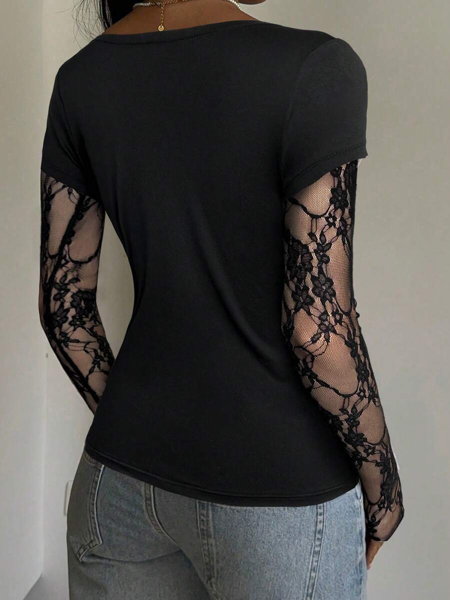 CovetEZ 95% Cotton Women's Black Lace Patchwork Long Sleeve Knitted Top – Bohemian Casual Summer Western Festival Island Girl Vintage Seaside Vacation Romantic Vacay Vibes Spring Break Cute Home Soft Girl Clean Girl Vacation Beach Cruise Boho Music Festival Concert Wedding Guest City Trip Holiday Wear Elegant Spring Summer