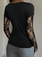 CovetEZ 95% Cotton Women's Black Lace Patchwork Long Sleeve Knitted Top – Bohemian Casual Summer Western Festival Island Girl Vintage Seaside Vacation Romantic Vacay Vibes Spring Break Cute Home Soft Girl Clean Girl Vacation Beach Cruise Boho Music Festival Concert Wedding Guest City Trip Holiday Wear Elegant Spring Summer