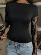 CovetEZ 95% Cotton Women's Black Lace Patchwork Long Sleeve Knitted Top – Bohemian Casual Summer Western Festival Island Girl Vintage Seaside Vacation Romantic Vacay Vibes Spring Break Cute Home Soft Girl Clean Girl Vacation Beach Cruise Boho Music Festival Concert Wedding Guest City Trip Holiday Wear Elegant Spring Summer