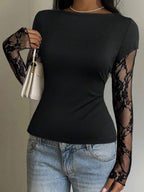CovetEZ 95% Cotton Women's Black Lace Patchwork Long Sleeve Knitted Top – Bohemian Casual Summer Western Festival Island Girl Vintage Seaside Vacation Romantic Vacay Vibes Spring Break Cute Home Soft Girl Clean Girl Vacation Beach Cruise Boho Music Festival Concert Wedding Guest City Trip Holiday Wear Elegant Spring Summer