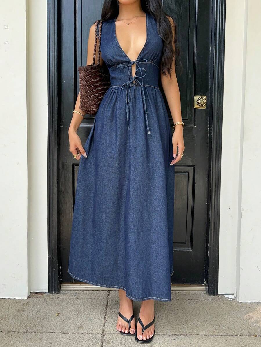 Siren Gaze Women's Deep V Neck Sleeveless Casual Denim Wrap Dress Winter Blue Spring