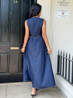 Siren Gaze Women's Deep V Neck Sleeveless Casual Denim Wrap Dress Winter Blue Spring