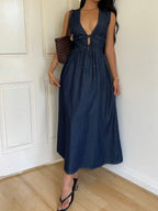 Siren Gaze Women's Deep V Neck Sleeveless Casual Denim Wrap Dress Winter Blue Spring