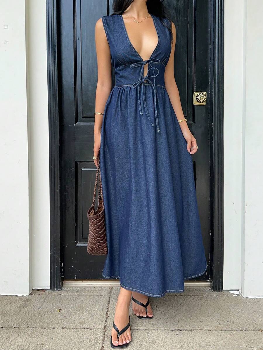 Siren Gaze Women's Deep V Neck Sleeveless Casual Denim Wrap Dress Winter Blue Spring