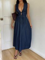 Siren Gaze Women's Deep V Neck Sleeveless Casual Denim Wrap Dress Winter Blue Spring