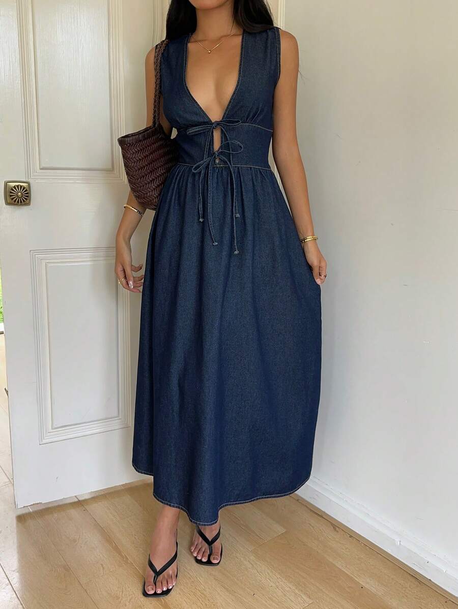 Siren Gaze Women's Deep V Neck Sleeveless Casual Denim Wrap Dress Winter Blue Spring