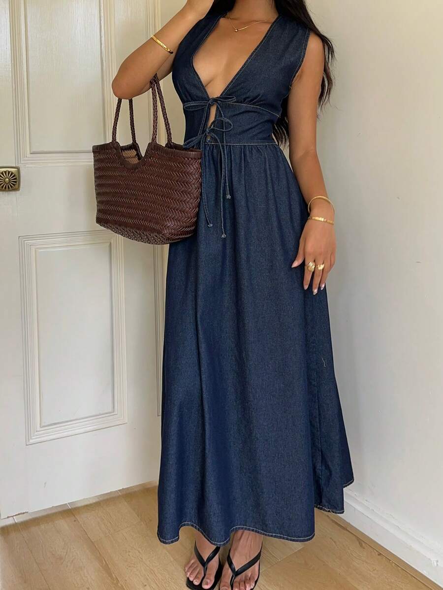 Siren Gaze Women's Deep V Neck Sleeveless Casual Denim Wrap Dress Winter Blue Spring