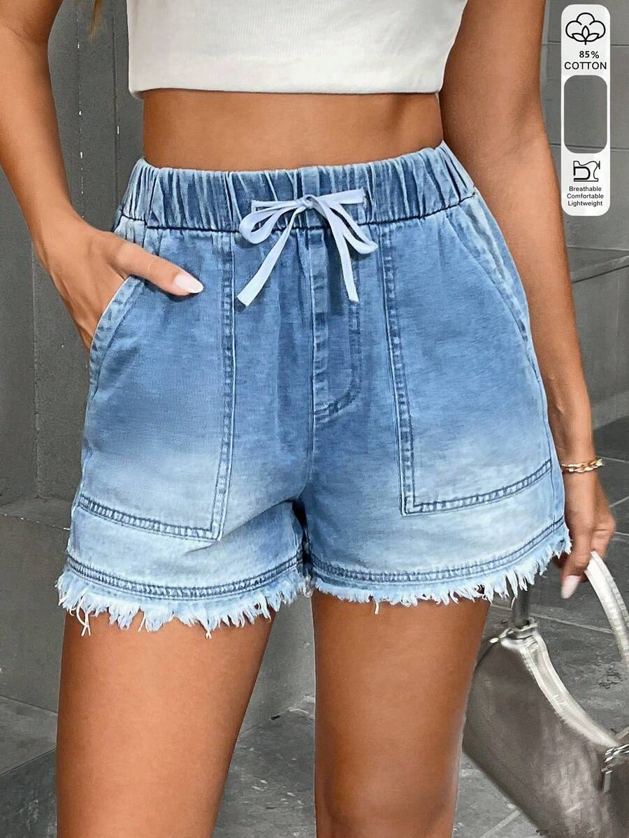 Women's Cute Drawstring Elastic Waist Denim Shorts, Frayed Hem, Non-Stretch Blue Denim Bermuda Shorts