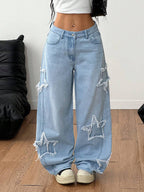 Coolane Women's Winter/All-Season Streetwear  Hippie   Music Festival Party Casual Preppy Vintage Basic Star Patched Washed Comfortable Black Baggy  Jeans