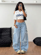 Coolane Women's Winter/All-Season Streetwear  Hippie   Music Festival Party Casual Preppy Vintage Basic Star Patched Washed Comfortable Black Baggy  Jeans