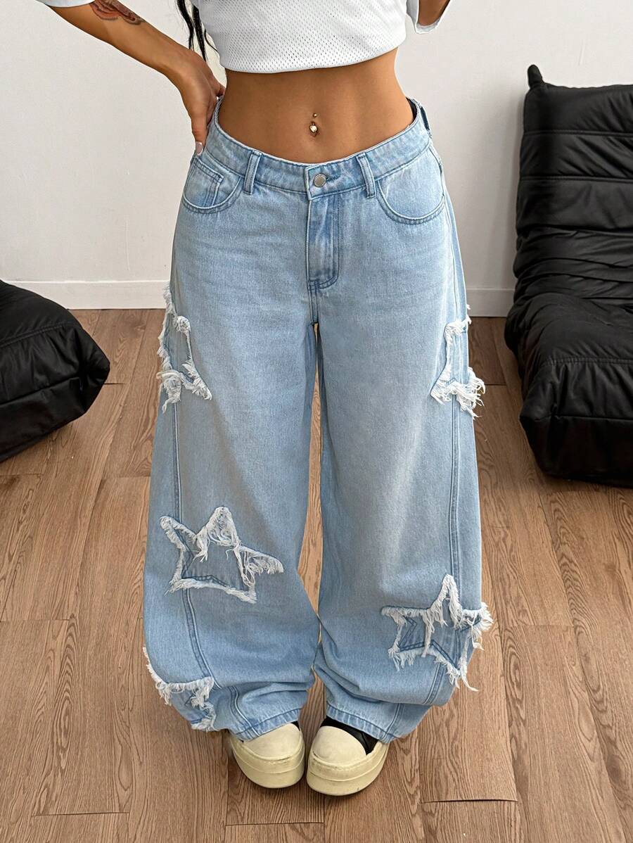 Coolane Women's Winter/All-Season Streetwear  Hippie   Music Festival Party Casual Preppy Vintage Basic Star Patched Washed Comfortable Black Baggy  Jeans
