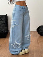 Coolane Women's Winter/All-Season Streetwear  Hippie   Music Festival Party Casual Preppy Vintage Basic Star Patched Washed Comfortable Black Baggy  Jeans