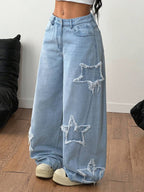 Coolane Women's Winter/All-Season Streetwear  Hippie   Music Festival Party Casual Preppy Vintage Basic Star Patched Washed Comfortable Black Baggy  Jeans