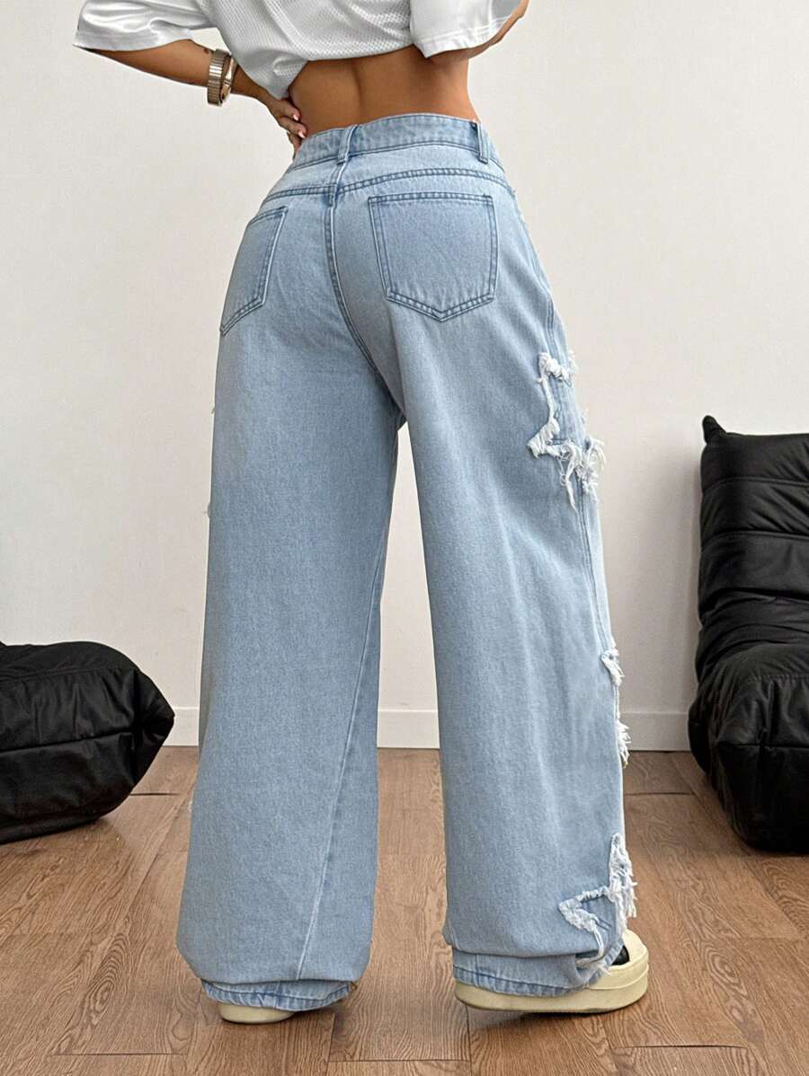 Coolane Women's Winter/All-Season Streetwear  Hippie   Music Festival Party Casual Preppy Vintage Basic Star Patched Washed Comfortable Black Baggy  Jeans