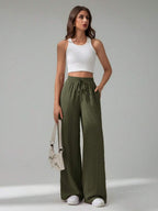 SHEIN Tall Women's Solid Color Belted Wide Leg Loose Casual Pants,Cargo Pants