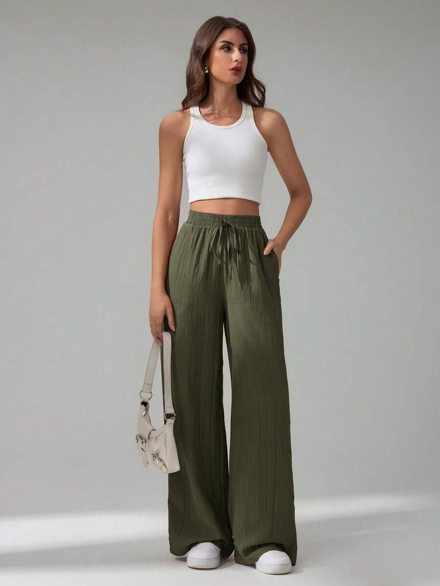 SHEIN Tall Women's Solid Color Belted Wide Leg Loose Casual Pants,Cargo Pants