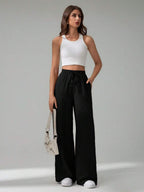 SHEIN Tall Women's Solid Color Belted Wide Leg Loose Casual Pants,Cargo Pants
