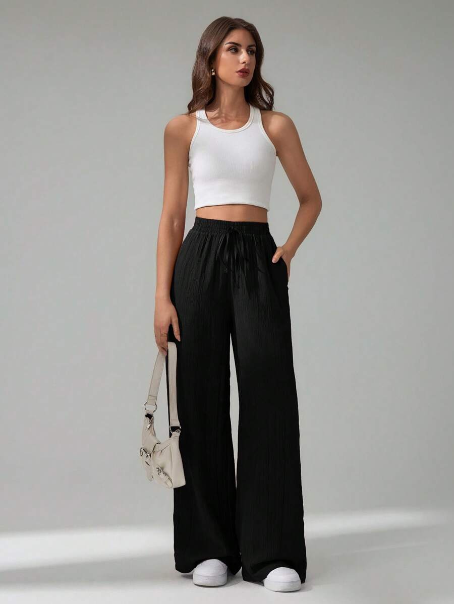 SHEIN Tall Women's Solid Color Belted Wide Leg Loose Casual Pants,Cargo Pants