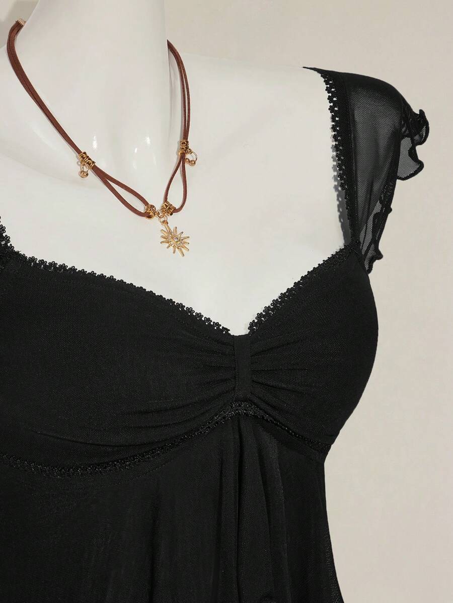 SHEIN ICON Women Ruched Front Slim-Fit Sexy Mesh Patchwork Tie Back Flutter Sleeveless Cami Top, Casual Vacation Top Ruffle Top