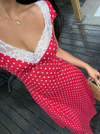 SHEIN Unity Black & White Polka Dot Print Patchwork Lace Trim Heart Collar Puffy Short Sleeve High Waist A-Line Midi Dress, Minimalist Chic, Sweet & Elegant, Suitable For Daily, Travel, Spring/Summer, Women