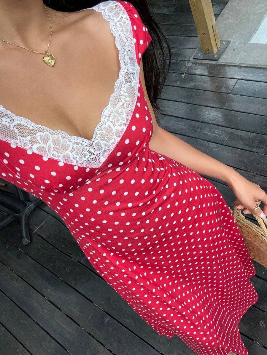 SHEIN Unity Black & White Polka Dot Print Patchwork Lace Trim Heart Collar Puffy Short Sleeve High Waist A-Line Midi Dress, Minimalist Chic, Sweet & Elegant, Suitable For Daily, Travel, Spring/Summer, Women