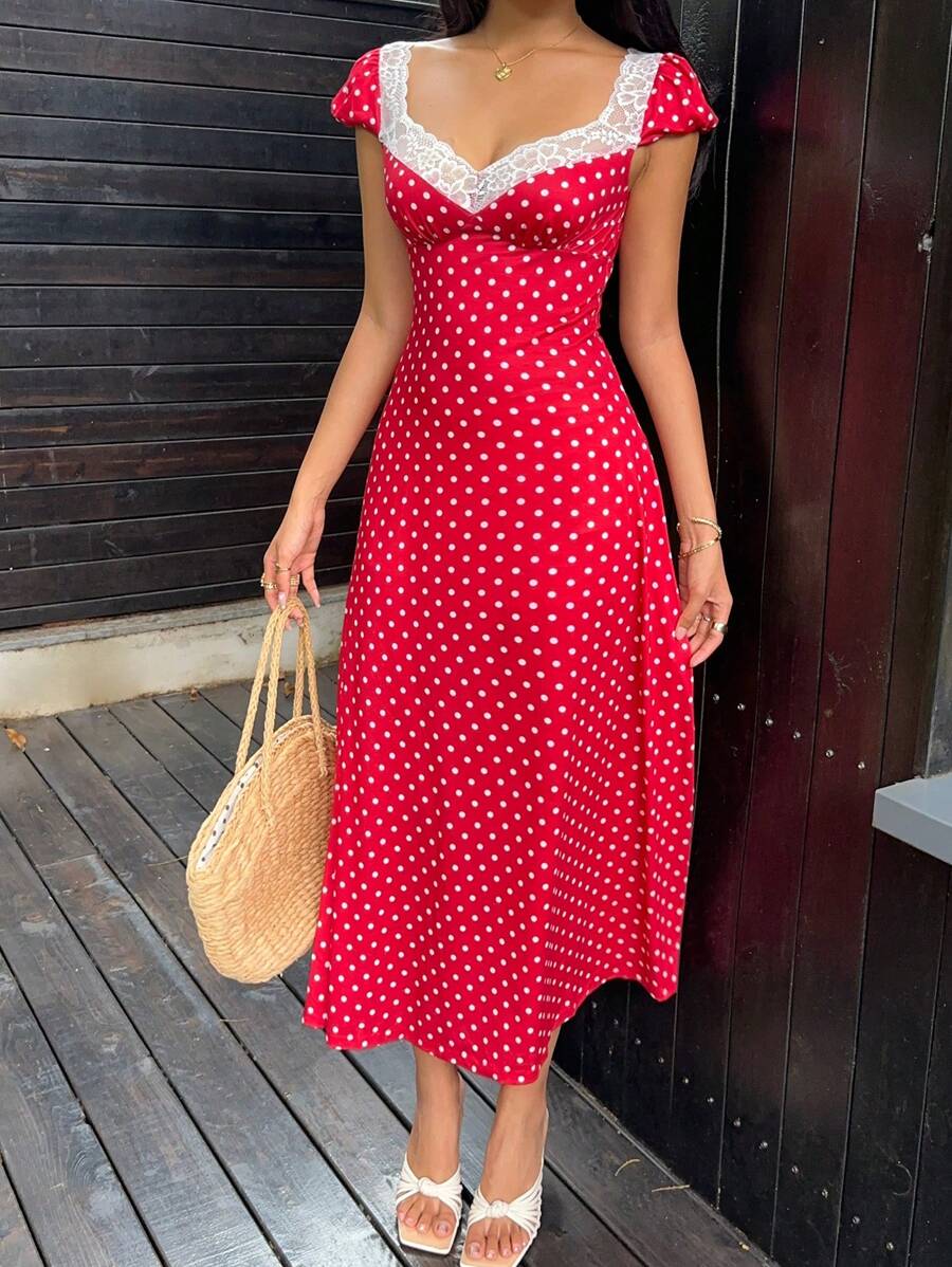 SHEIN Unity Black & White Polka Dot Print Patchwork Lace Trim Heart Collar Puffy Short Sleeve High Waist A-Line Midi Dress, Minimalist Chic, Sweet & Elegant, Suitable For Daily, Travel, Spring/Summer, Women