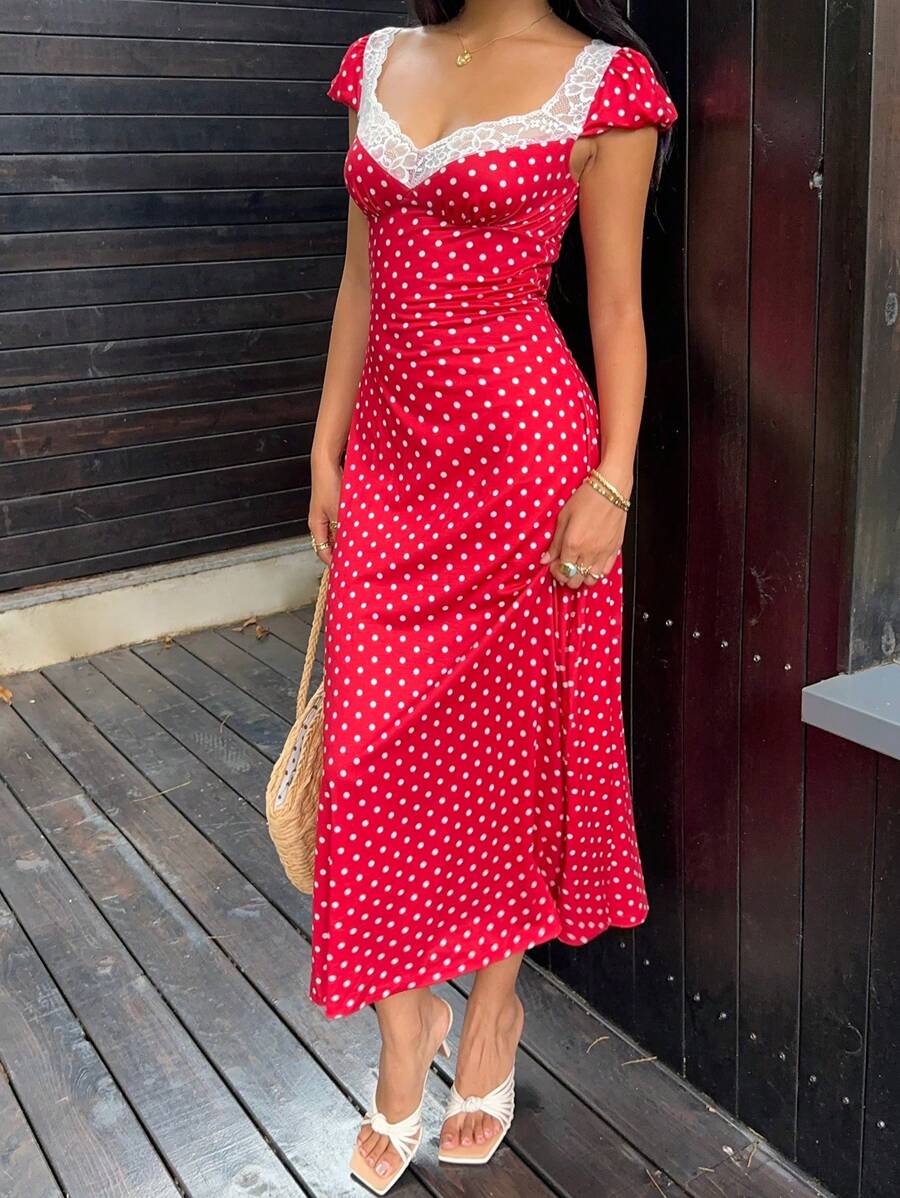 SHEIN Unity Black & White Polka Dot Print Patchwork Lace Trim Heart Collar Puffy Short Sleeve High Waist A-Line Midi Dress, Minimalist Chic, Sweet & Elegant, Suitable For Daily, Travel, Spring/Summer, Women