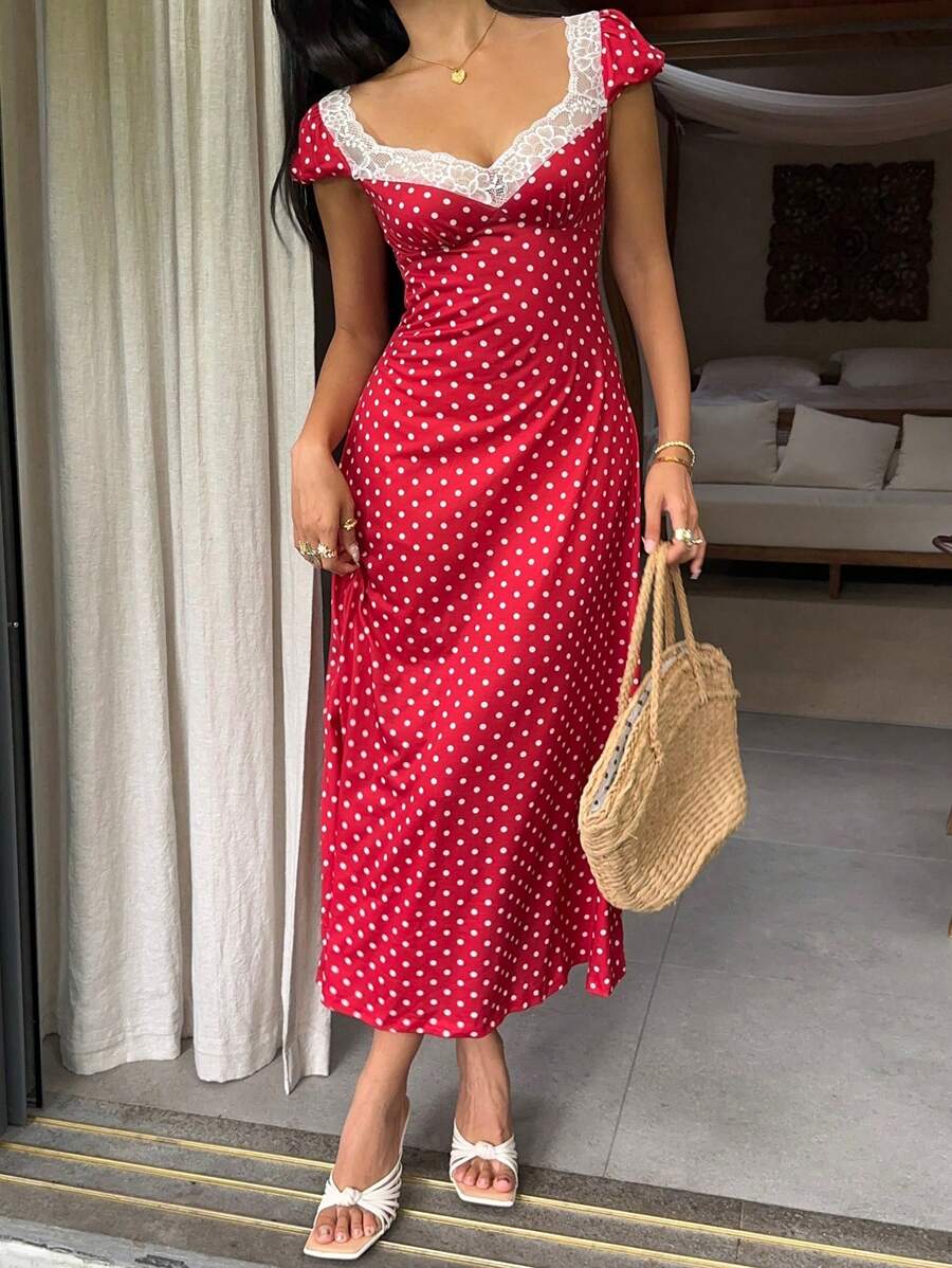 SHEIN Unity Black & White Polka Dot Print Patchwork Lace Trim Heart Collar Puffy Short Sleeve High Waist A-Line Midi Dress, Minimalist Chic, Sweet & Elegant, Suitable For Daily, Travel, Spring/Summer, Women