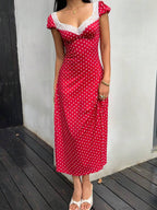 SHEIN Unity Black & White Polka Dot Print Patchwork Lace Trim Heart Collar Puffy Short Sleeve High Waist A-Line Midi Dress, Minimalist Chic, Sweet & Elegant, Suitable For Daily, Travel, Spring/Summer, Women