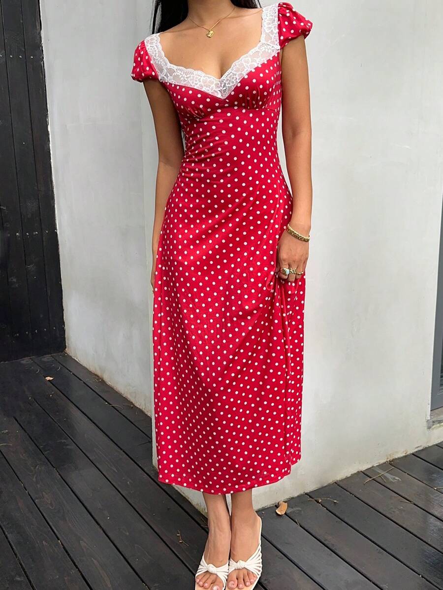 SHEIN Unity Black & White Polka Dot Print Patchwork Lace Trim Heart Collar Puffy Short Sleeve High Waist A-Line Midi Dress, Minimalist Chic, Sweet & Elegant, Suitable For Daily, Travel, Spring/Summer, Women