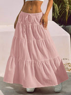 MainGRL Women Solid Color High Waist Tie Ruffled Hem Maxi Skirt